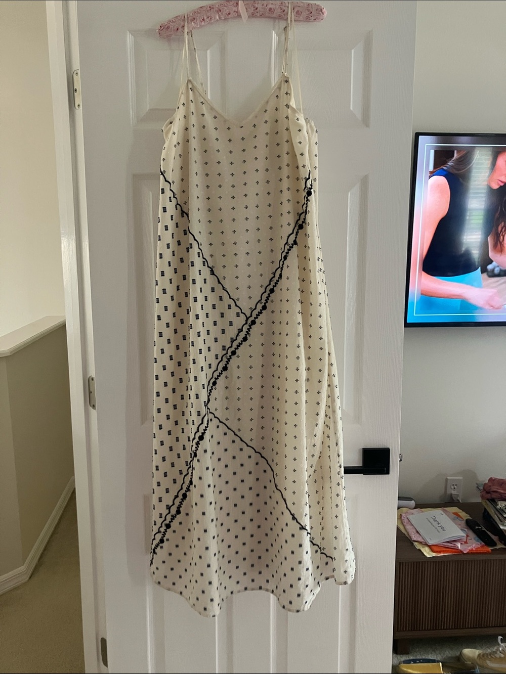 Lucky Brand Cream Slip Dress with Black Dot & Stitch Pattern